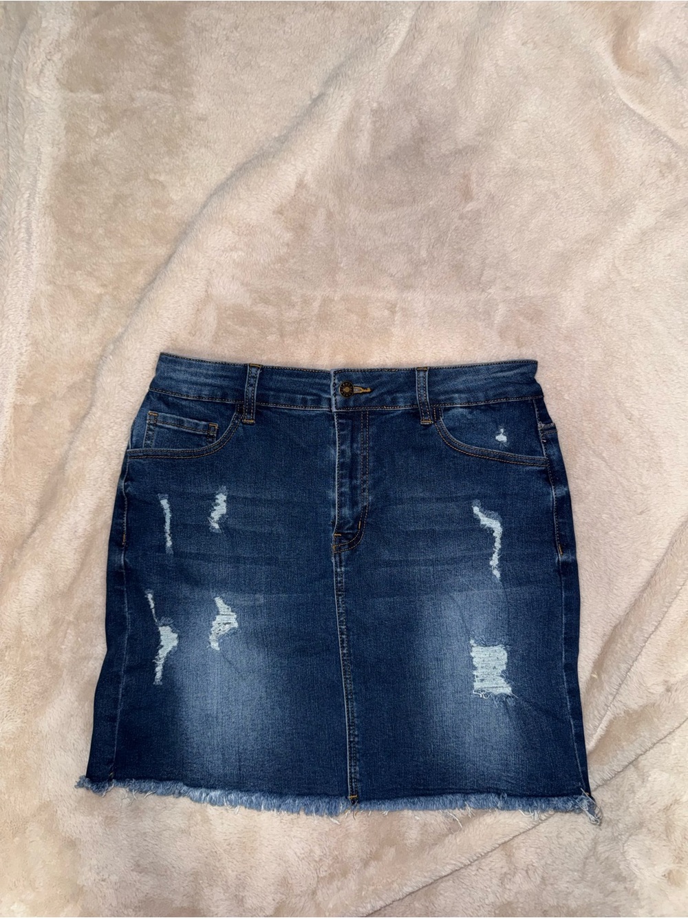 Dark Blue Distressed Denim Skirt - Women - Picture 2 of 9